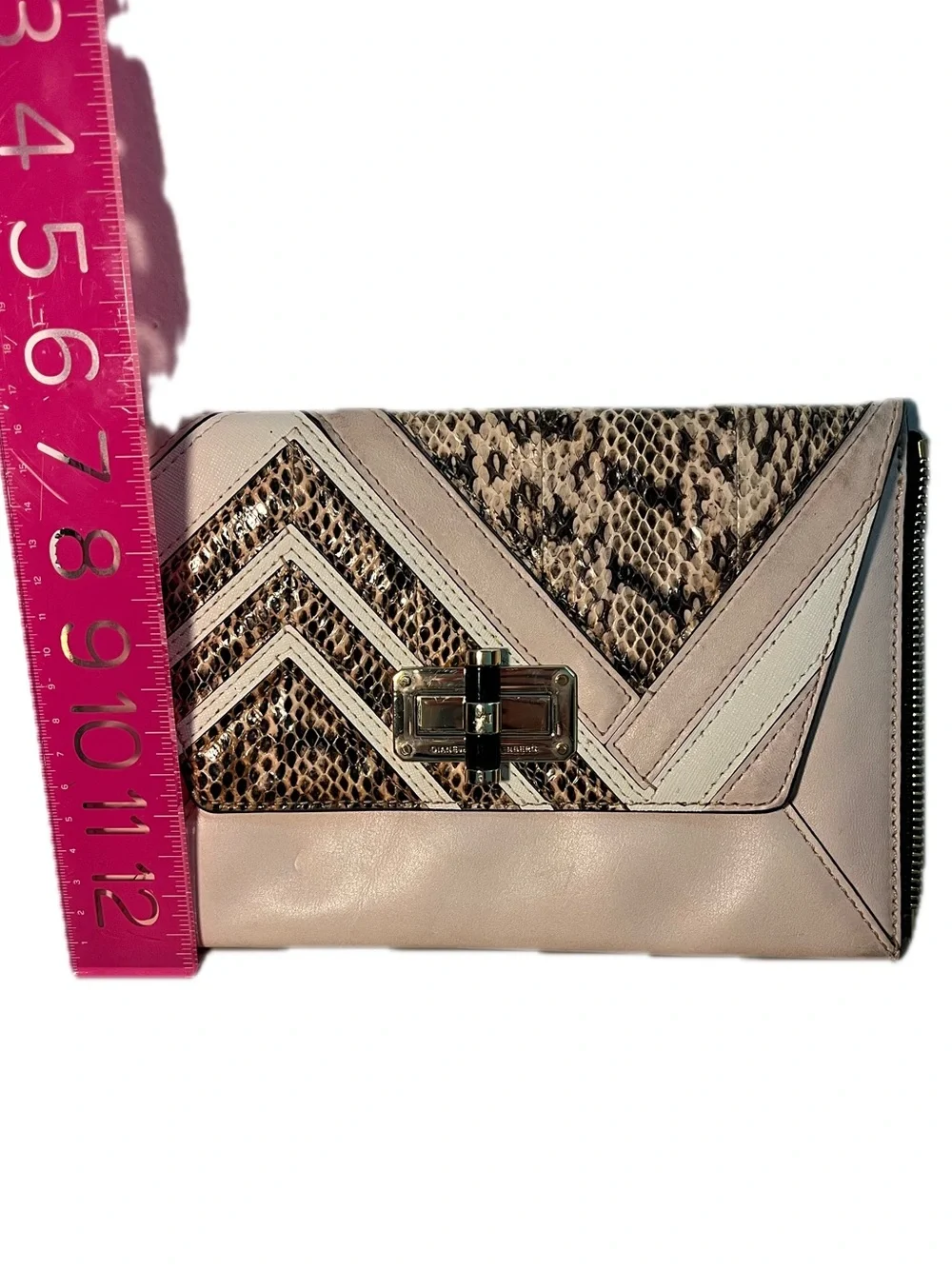 Diane Von Furstenberg Evening Clutch Beige off pink Snake-Texture Leather Clutch